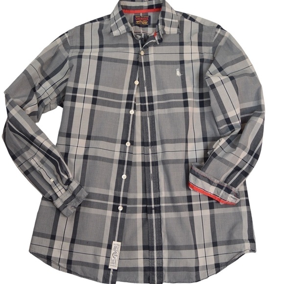 Cremieux Premium Denim Plaid Cotton Shirt, Scarf Dog Logo - Size Large - Picture 1 of 9